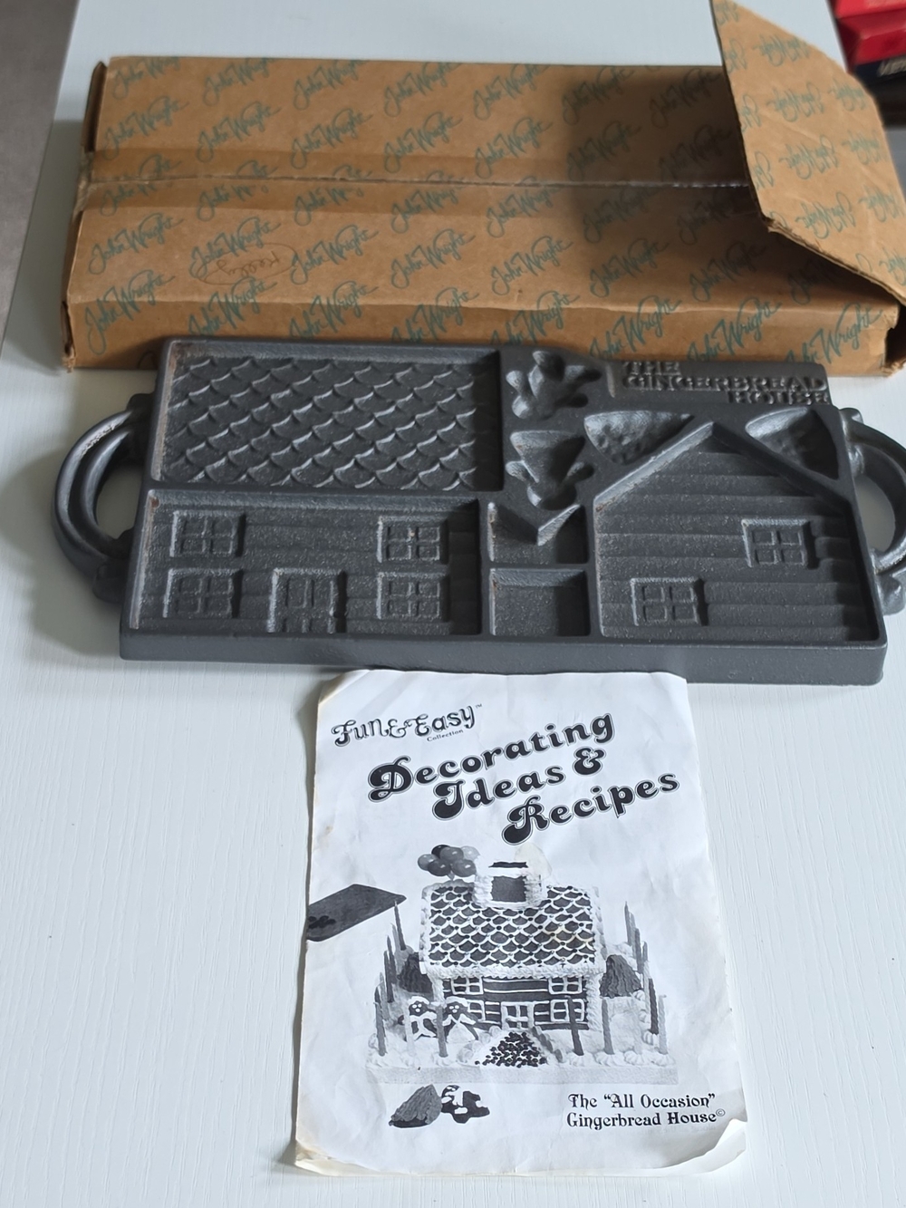Vintage John Wright Cast Iron Gingerbread House Cookie Mold w/ Recipe Booklet
